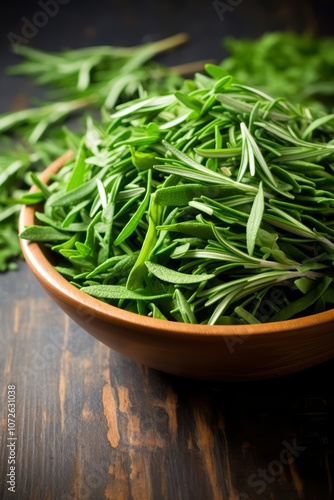 Fresh rosemary sprigs in a bowl on a wooden table.