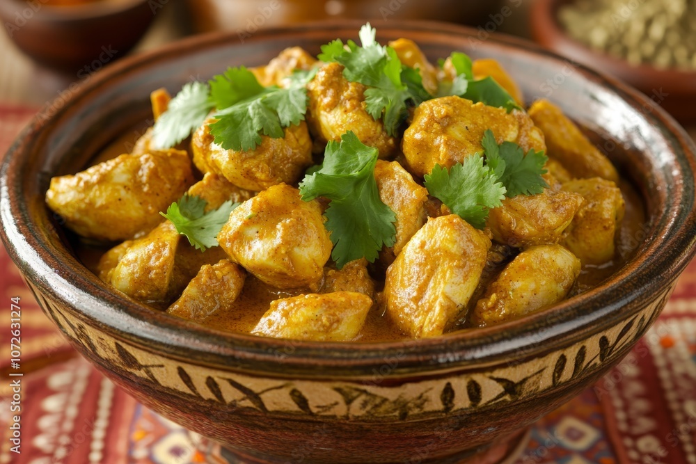 Chicken curry in wooden bowl with cilantro Chicken curry in wooden bowl with cilantro