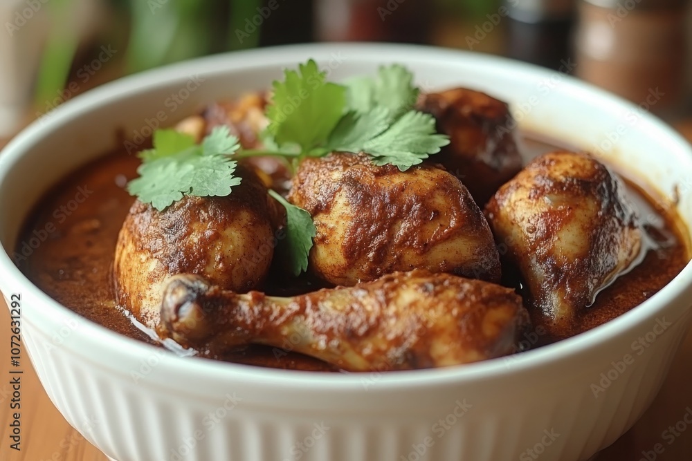 Chicken curry in wooden bowl with cilantro Chicken curry in wooden bowl with cilantro