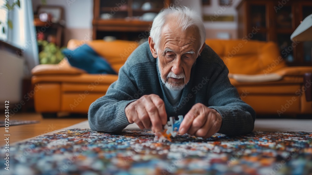 Elderly man focused on completing a jigsaw puzzle on the floor in a cozy living room Elderly man focused on completing a jigsaw puzzle on the floor in a cozy living room
