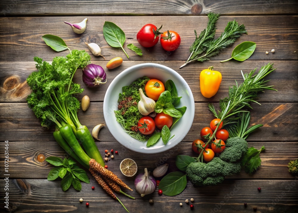 Aerial View of a Minimalist White Bowl on a Wooden Surface Surrounded by Fresh Ingredients for Culinary Inspiration and Food Presentation Ideas Aerial View of a Minimalist White Bowl on a Wooden Surface Surrounded by Fresh Ingredients for Culinary Inspiration and Food Presentation Ideas