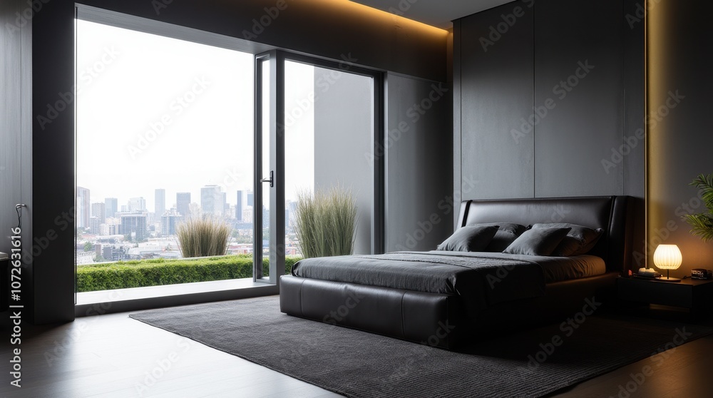 Fototapeta premium Sleek Contemporary Bedroom with Wall-Mounted Bed and Window View