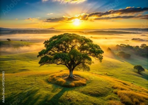 Aerial View of an Ancient Tree in a Grassy Meadow During a Golden Misty Sunrise in the Midlands of Kwa Zulu Natal, South Africa photo