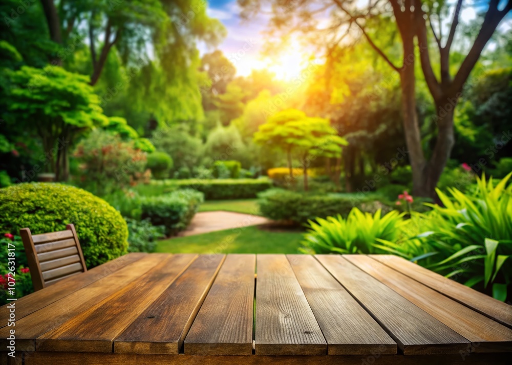 Aerial View of an Empty Table Surrounded by Lush Greenery in a Natural Park Garden, Perfect for Outdoor Dining and Leisure Activities Aerial View of an Empty Table Surrounded by Lush Greenery in a Natural Park Garden, Perfect for Outdoor Dining and Leisure Activities
