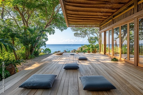 Wooden terrace overlooking tropical ocean invites to meditation and relaxation photo