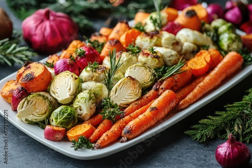 Roasted vegetables with thyme and rosemary on white platter for christmas dinner