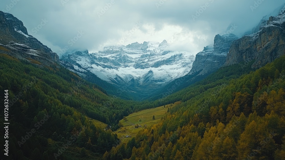 Fototapeta premium Snowy mountain peaks towering over lush green valley in the alps