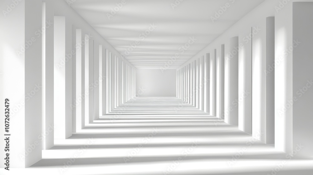Fototapeta premium A long, narrow hallway with white walls and white pillars. The hallway is empty and has no furniture or decorations. The light shining on the walls creates a sense of emptiness and loneliness