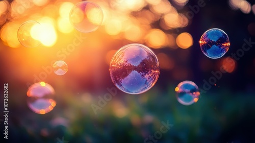 A bunch of bubbles floating in the air with the sun shining on them. The bubbles are of different sizes and colors, creating a playful and whimsical atmosphere