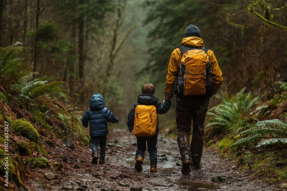 Father hiking with sons in lush forest trail Father hiking with sons in lush forest trail