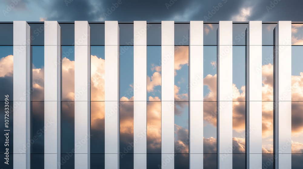 Photograph of architecture a vertical striped facade, a building with a blue sky and dark clouds, captured during the golden hour Photograph of architecture a vertical striped facade, a building with a blue sky and dark clouds, captured during the golden hour