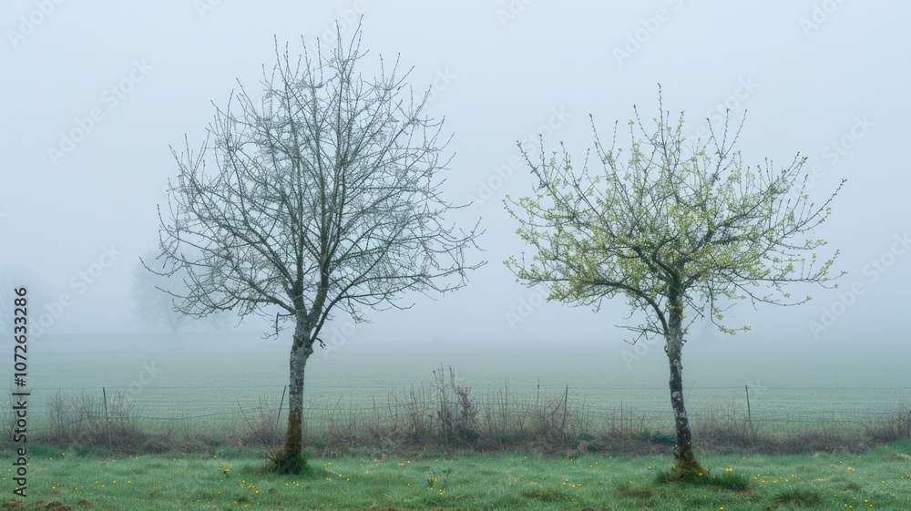 Misty morning landscape with bare and blossoming trees in foggy countryside Misty morning landscape with bare and blossoming trees in foggy countryside