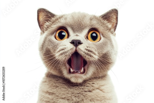 Portrait of surprised grey british shorthair cat opening its mouth with amazement on white background