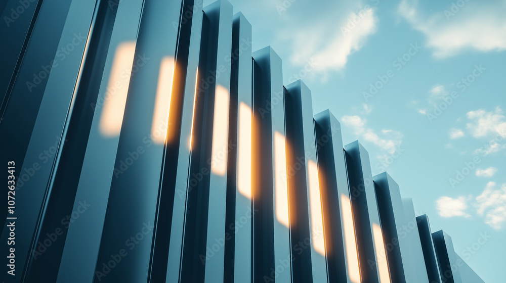 Obraz premium Photograph of architecture a vertical striped facade, a building with a blue sky and dark clouds, captured during the golden hour