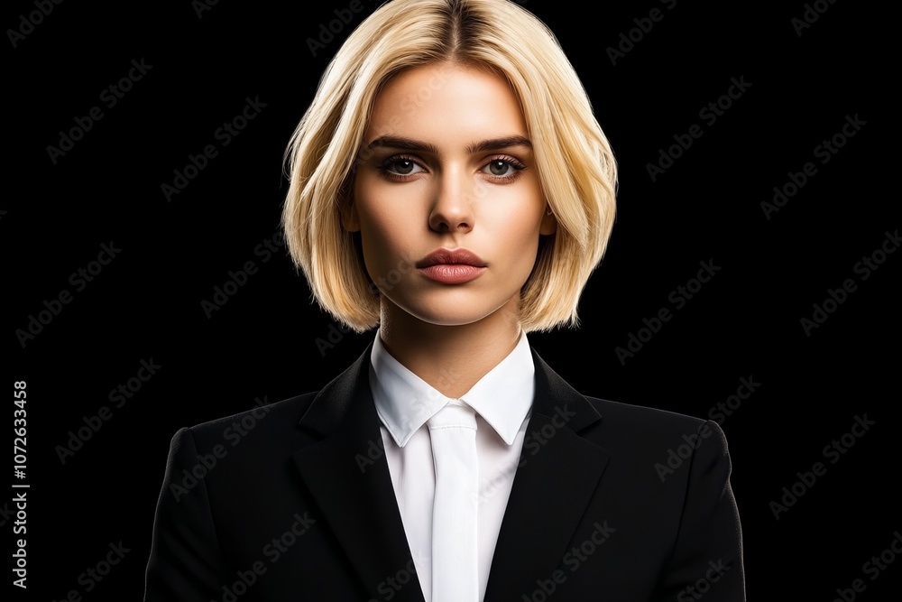 A confident woman in a tailored suit poses against a dark background, exuding professionalism and empowerment. A confident woman in a tailored suit poses against a dark background, exuding professionalism and empowerment.