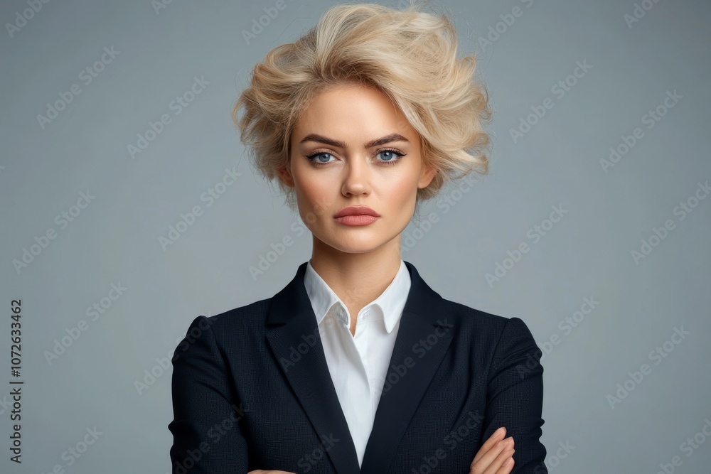 A confident, professional woman with a stylish hairstyle poses in a dark blazer against a neutral background, exuding sophistication and poise. A confident, professional woman with a stylish hairstyle poses in a dark blazer against a neutral background, exuding sophistication and poise.