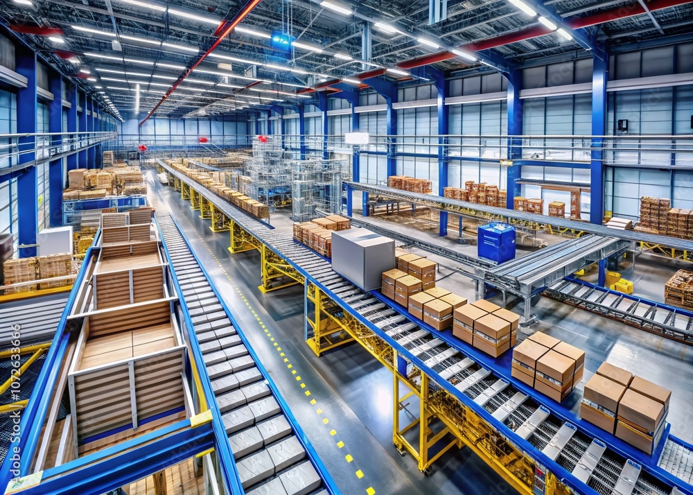 Aerial View of Automated Conveyor System Managed by Artificial Intelligence Technology in a Modern Warehouse Setting for Efficient Logistics Operations Aerial View of Automated Conveyor System Managed by Artificial Intelligence Technology in a Modern Warehouse Setting for Efficient Logistics Operations