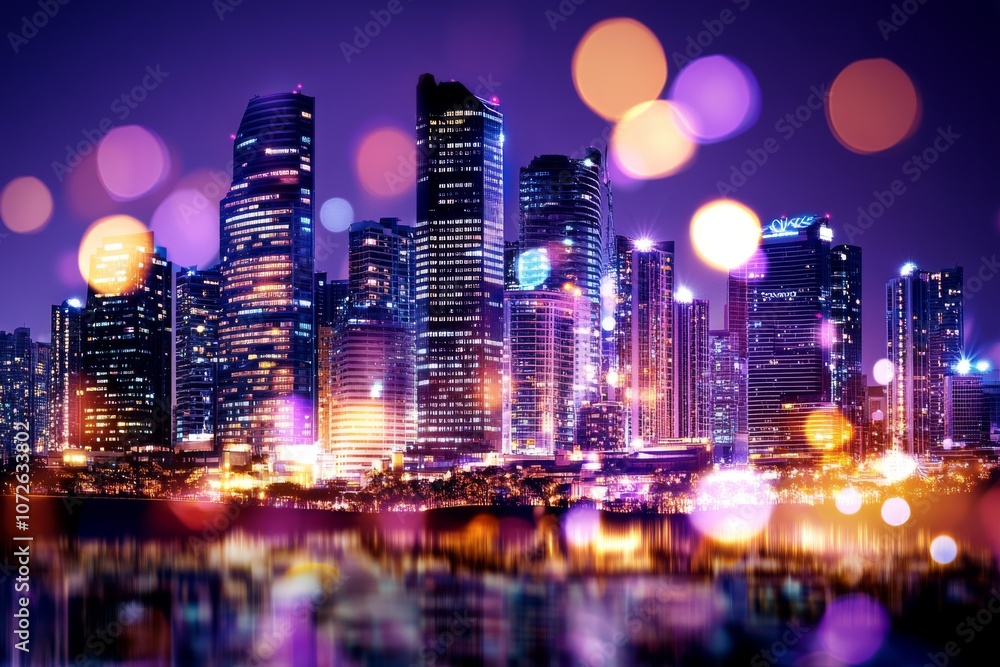 Fototapeta premium A vibrant city skyline illuminated at night, with colorful bokeh lights in the foreground creating a dynamic, urban atmosphere.