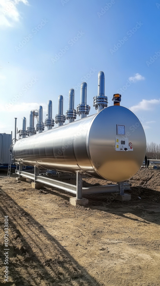 Naklejka premium silo stands in a grassy field under an overcast sky, 