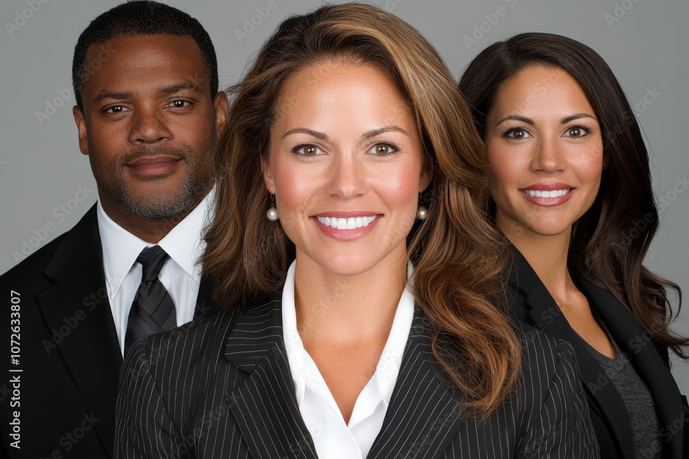 A professional group portrait featuring three individuals in business attire, conveying teamwork and confidence in a corporate setting. A professional group portrait featuring three individuals in business attire, conveying teamwork and confidence in a corporate setting.