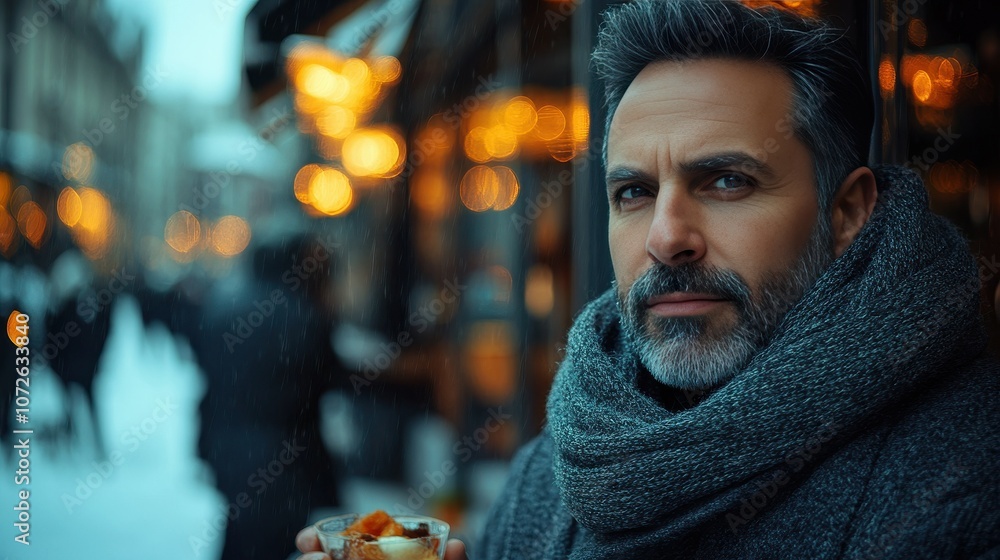A man with a beard and gray hair is standing in the snow with a cup of hot chocolate A man with a beard and gray hair is standing in the snow with a cup of hot chocolate