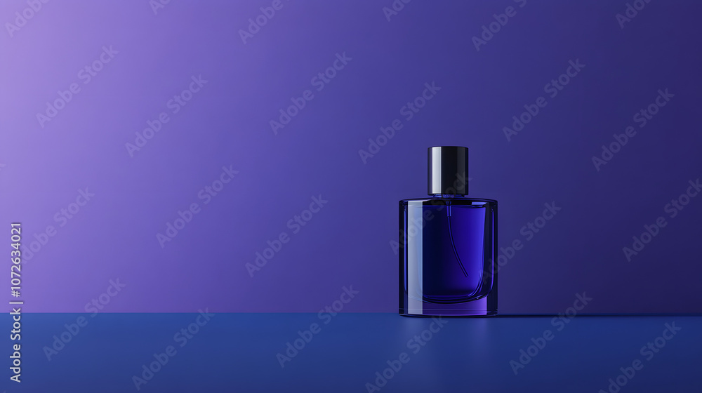 Elegant Future Dusk Perfume Bottle on Tranquil Purple Background in Minimalist Style Elegant Future Dusk Perfume Bottle on Tranquil Purple Background in Minimalist Style
