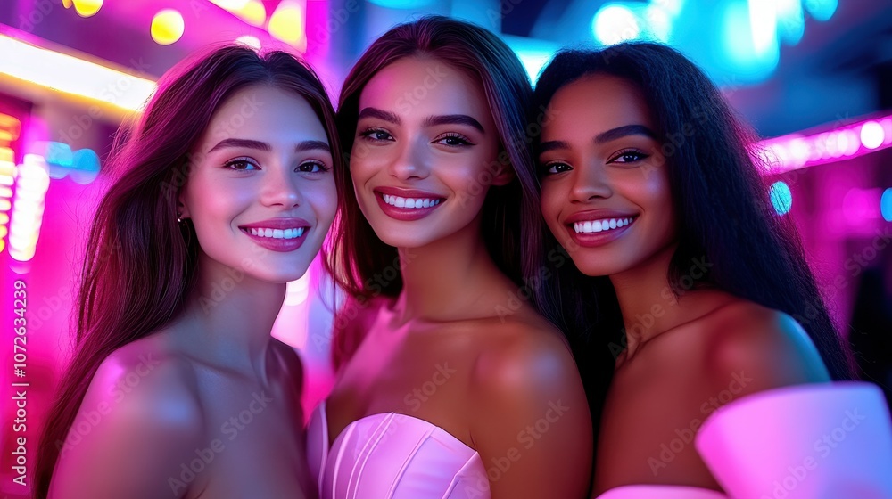 Three women are smiling and posing for a photo in front of neon lights ...