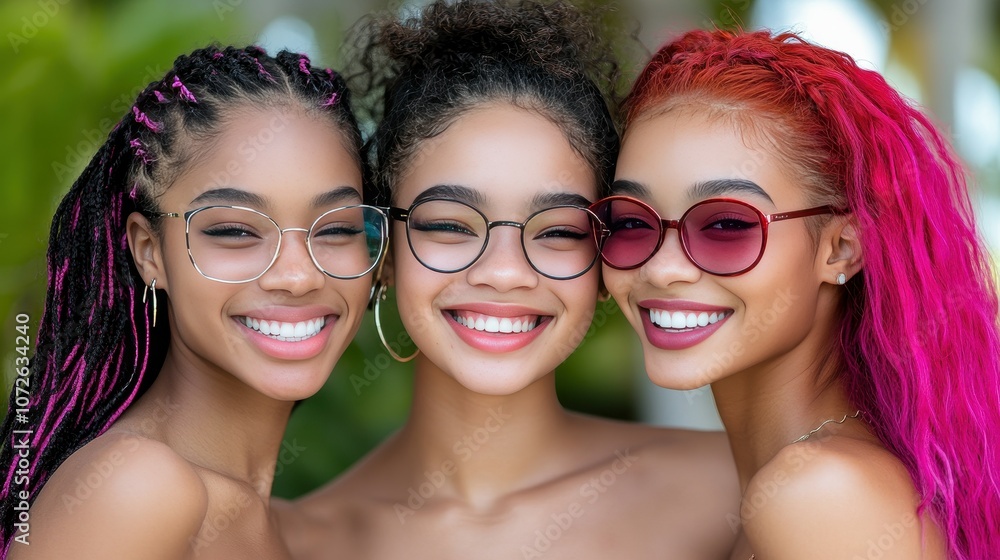 Three women with different colored hair and glasses are smiling for the camera. Scene is happy and friendly Three women with different colored hair and glasses are smiling for the camera. Scene is happy and friendly