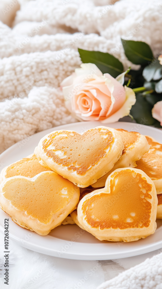 Delicious heart-shaped pancakes stacked on a plate next to a soft rose in a cozy, inviting atmosphere Delicious heart-shaped pancakes stacked on a plate next to a soft rose in a cozy, inviting atmosphere