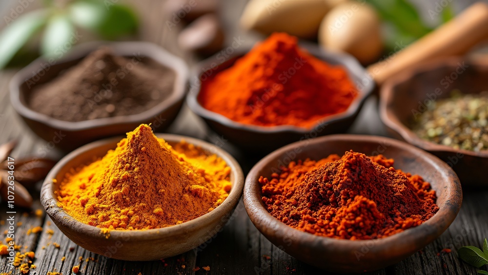 exotic spices in small bowls, showcasing a range of colors and textures exotic spices in small bowls, showcasing a range of colors and textures
