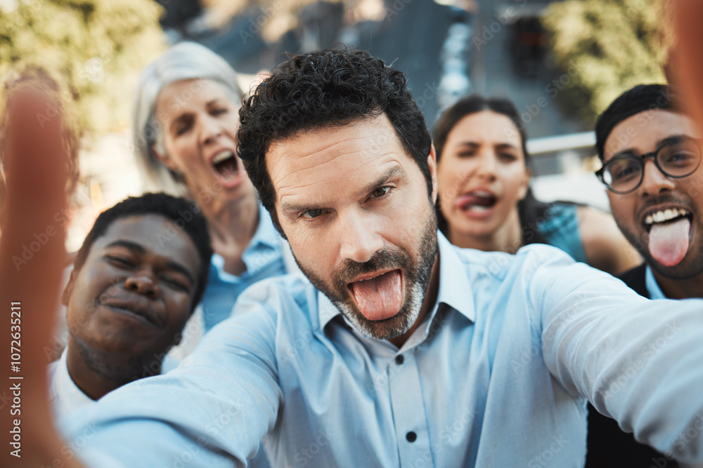 City, funny face and selfie with business people outdoor together for bonding, memory or solidarity. Building, diversity and tongue out with employee team in urban town as friends for photograph City, funny face and selfie with business people outdoor together for bonding, memory or solidarity. Building, diversity and tongue out with employee team in urban town as friends for photograph