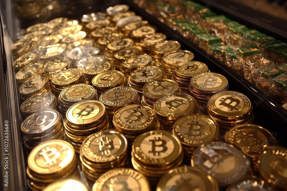 stack of coins wth Bitcoin emblem stack of coins wth Bitcoin emblem