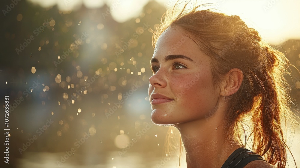 A woman with red hair and a smile is standing in the rain. The sun is shining through the rain, creating a beautiful and peaceful scene A woman with red hair and a smile is standing in the rain. The sun is shining through the rain, creating a beautiful and peaceful scene
