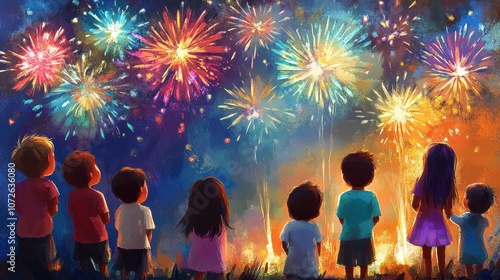 A group of children watching in awe as colorful fireworks burst overhead, capturing the innocence and excitement of New Year Eve.