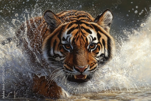 tiger bursts from water, fur glistening with droplets, looks forward at camera