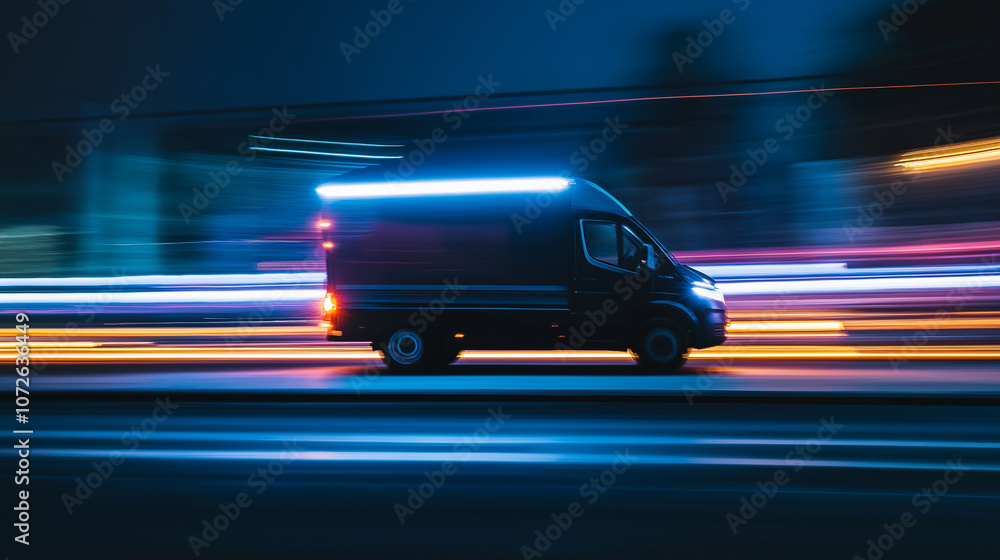 Fototapeta premium Electric Truck with Motion Blur Effect at Night, highlighting speed and smooth electric performance