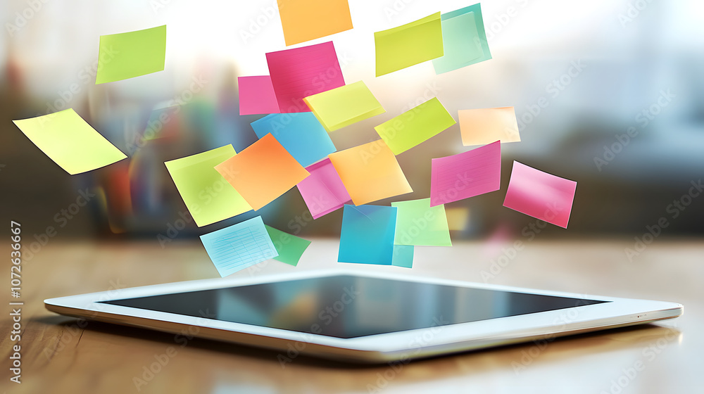 A digital tablet displaying virtual sticky notes used for brainstorming, modern and sleek. A digital tablet displaying virtual sticky notes used for brainstorming, modern and sleek.