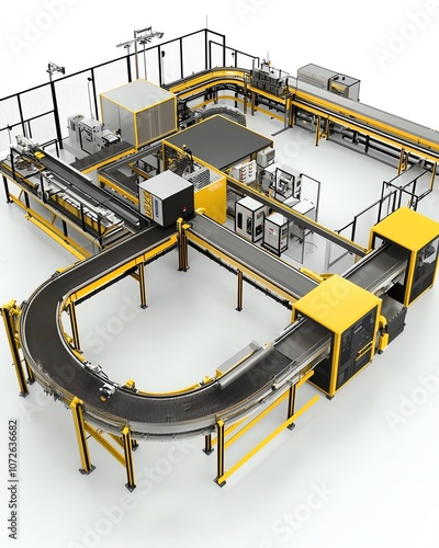 Automated assembly line with cobots, smart conveyor systems, computer vision inspection stations, autonomous mobile robots, high-tech factory environment photo