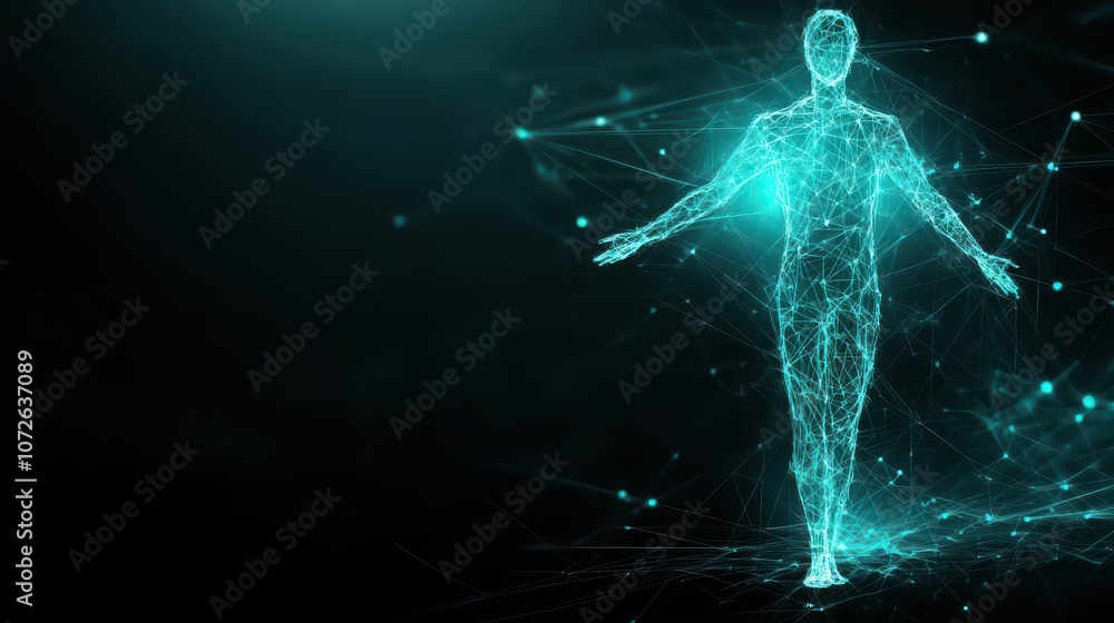 Create an innovative doctor figure using glowing blue geometric shapes to illustrate the future of medicine and technology
