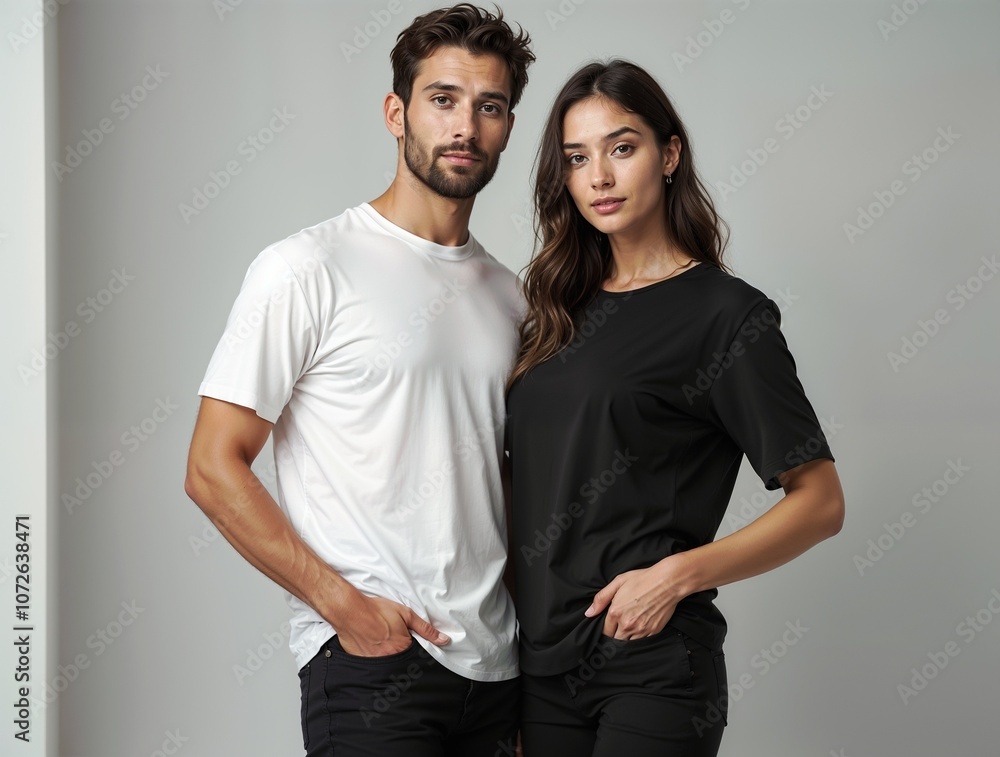 portrait of a young man and woman next to each other on a white background. portrait of a young man and woman next to each other on a white background.