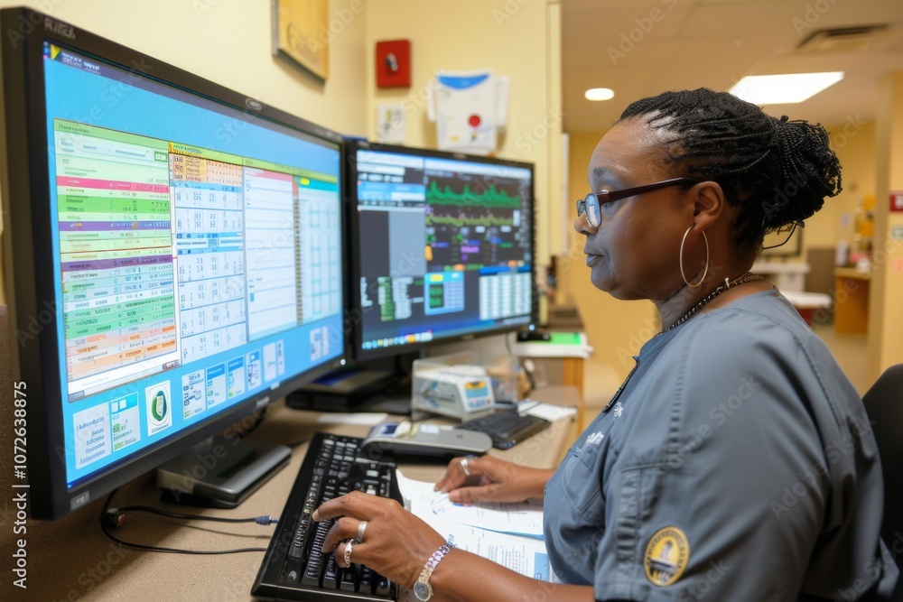 Registered nurse reviews patient charts on a computer monitor Registered nurse reviews patient charts on a computer monitor