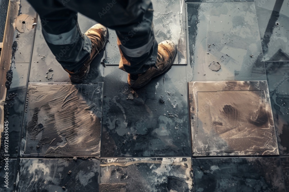 Craftsman precisely installing floor tiles at a construction site Craftsman precisely installing floor tiles at a construction site
