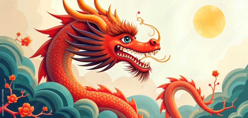 Red dragon with sharp teeth, claws. Dragon blue eyes, orange horns. Flies over green clouds, orange flowers. Illustration background with yellow sun. Image perfect for Chinese New Year designs, Red dragon with sharp teeth, claws. Dragon blue eyes, orange horns. Flies over green clouds, orange flowers. Illustration background with yellow sun. Image perfect for Chinese New Year designs,