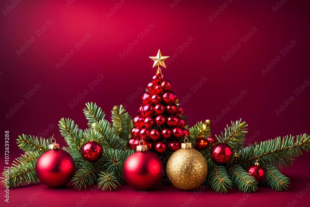 christmas tree with decoration ornaments on red background with copy space greeting text or invitation christmas tree with decoration ornaments on red background with copy space greeting text or invitation