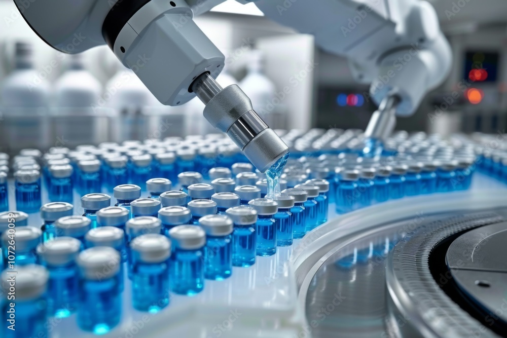 Robotic arm processing blue vials in a controlled modern factory Robotic arm processing blue vials in a controlled modern factory