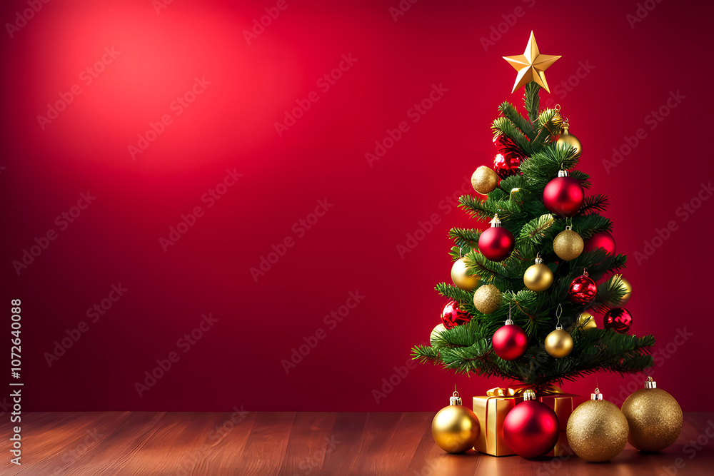 christmas tree with decoration ornaments on red background with copy space greeting text or invitation christmas tree with decoration ornaments on red background with copy space greeting text or invitation