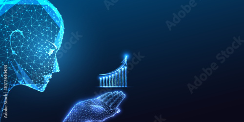 AI investment concept with robotic holding trends growth chart on blue background. automation trends