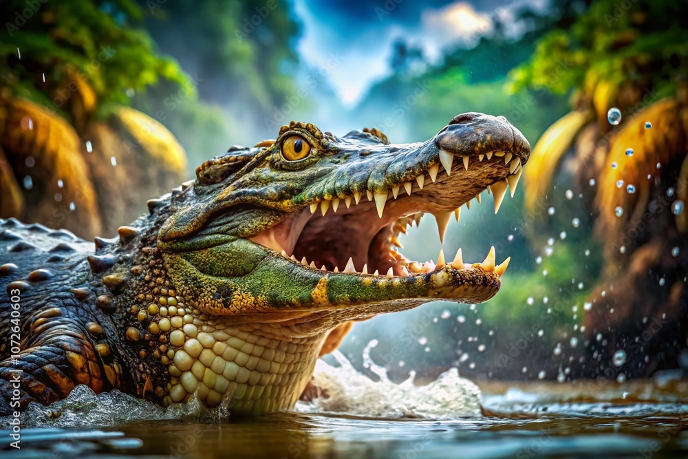 Obraz premium A Fierce Reptile Emerges from the Water, Revealing Its Sharp Teeth Amidst Cascading Droplets in a Vibrant Wild Landscape of Nature and Adventure