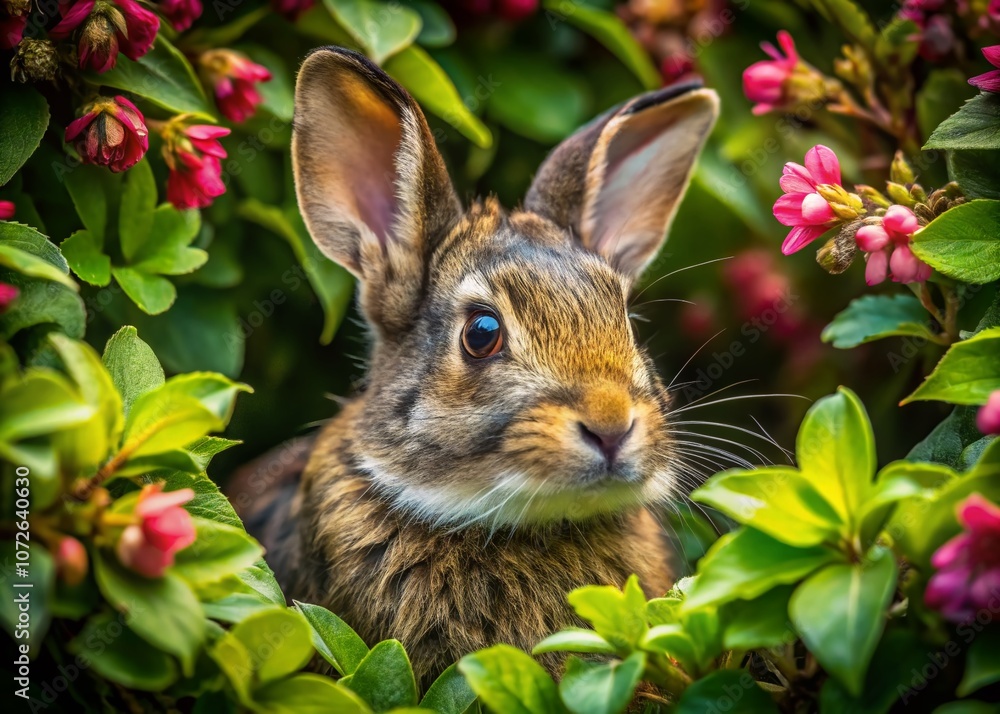 Fototapeta premium A Frazzled Rabbit Hiding Among Lush Green Bushes, Capturing the Essence of Nature's Wildlife in a Peaceful Setting, Perfect for Nature Lovers and Wildlife Enthusiasts