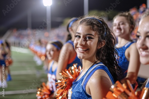 High school cheerleader team smiling on a football field during game